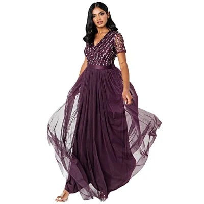Abbildung von Maya Deluxe Damen Maxi Abendkleid Hochzeit V Ausschnitt Brautjungfernkleid Empiretaillierung Elegantes Abschlussball Bridesmaid Dress, Berry, 42