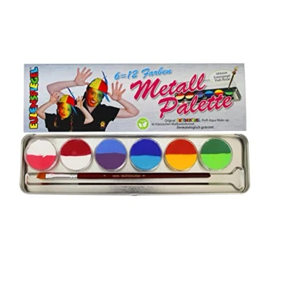 Abbildung von Eulenspiegel 206102 Metall Palette Split Cakes, 6 x 3,5 ml Farbe und 1 Pinsel, Schminkfarben