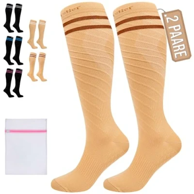 Abbildung von 360 Relief Kompressionsstrümpfe Klasse 1 für Damen und Herren 15 20 mmHg Stützstrümpfe langstreckenflug, Reise, Sports, Running, Laufen 2 Paare Kompressionssocken L/XL Beige mit Wäschenetz