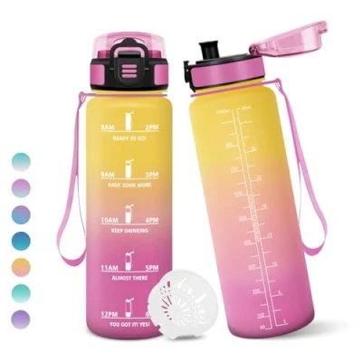 Abbildung von Motswedi Trinkflasche 1000ml, BPA Frei, Sport, Auslaufsicher, Wasserflasche, Kohlensäure Geeignet, Sport Trinkflasche, Trinkflaschen für Yoga, Schule, Fahrrad, Kinder, Outdoors, Gelb Rosa