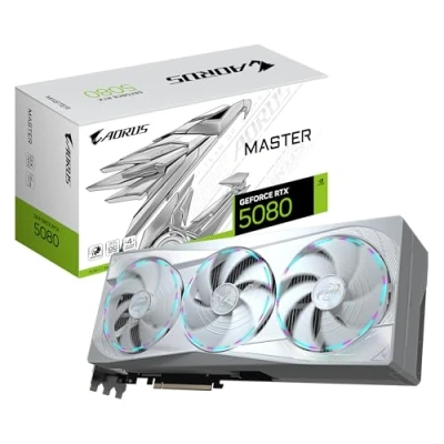 Abbildung von Gigabyte AORUS GeForce RTX 5080 Master ICE 16G Grafikkarte 16GB GDDR7, 256 Bit, PCI E 5.0, 2805MHz Core Clock, 3 x DP 2.1a, 1 HDMI 2.1b, NVIDIA DLSS 4, GV N5080AORUSM 16GD