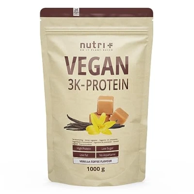 Abbildung von Nutri + Protein Pulver Vegan Vanilla Toffee 1 kg 80% Eiweiß 3k Proteinpulver Vanille Karamell Eiweißpulver Low Sugar 1000 g Eiweißshake