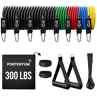 Abbildung von PORTENTUM Resistance Bands Widerstandsbänder, 300 Pfund, 17 Widerstandsbänder für Yoga Calisthenic Gym Crossfit TRX Pilates, Gymnastik zu Hause, elastische Gummibänder, mit Knöcheln und Türgriff