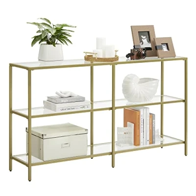 Abbildung von VASAGLE Konsolentisch, Regal, 3 Ablagen aus Hartglas, Flurtisch, 30 x 130 73 cm, Metallrahmen, modern, für Flur, Wohnzimmer, Schlafzimmer, goldfarben transparent LGT024A01