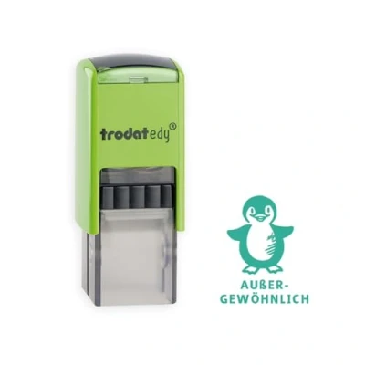 Abbildung von Trodat edy FIX Motivationsstempel für Lehrer und Pädagogen, Stempelset zum Motivieren 1 Motiv Pinguin AUßERGEWÖHNLICH, Deutsch, Gehäuse Grün, Abdruck Selbstfärbend, 20 x mm