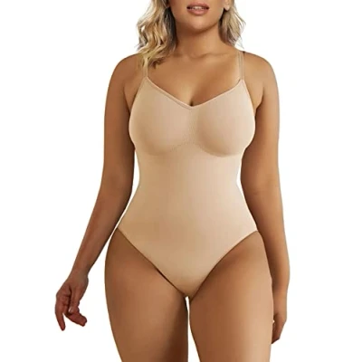 Abbildung von SHAPERX Bodysuit Figurenformend Damen Body Shaper Bauchweg Sculpting Shapewear Tanga Ganzkörper Formende Bodys Verstellbarer Schultergurt, UK SZ5215 Beige L/XL