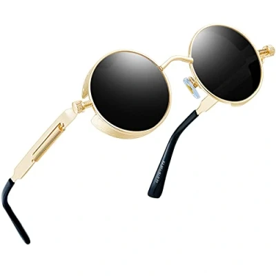 Abbildung von Joopin Steampunk Sonnenbrille Herren Rund Schwarze Gläser mit Goldenem Rahmen Polarisiert Brille Vintage Driving Sunglasses und Runde Sonennbrille Damen UV400 Schutz(Gold Schwarz)