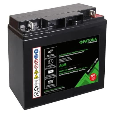 Abbildung von PATONA Premium AGM Blei Akku 12V 22Ah Zyklenfester Hochleistungsakku über 1800 Ladezyklen Auslaufsichere Batterie, wartungsfrei, geringe Selbstentladung unter 3% Rüttelfester Aufbau