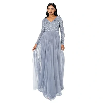 Abbildung von Maya Deluxe Damen Women&#039;s Dress Long Sleeve for Wedding Guest V Neck High Empire Waist Maxi Length Evening Brides Kleid, Dusty Blue, 46 EU