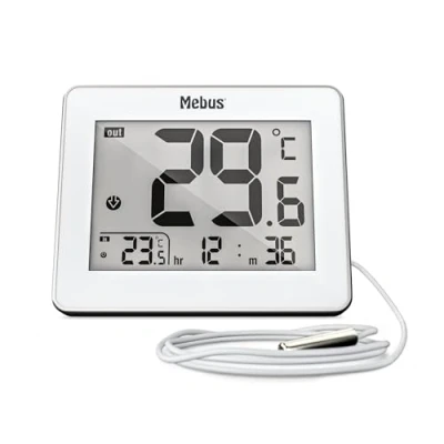 Abbildung von MEBUS digitales Thermometer mit kabelgebundenem Außensensor misst Temperatur Innen und Außen, Uhrzeit, Min /Max Werte, Gehäuserahmen aus Metall, Farbe: Weiß, Modell: 01074
