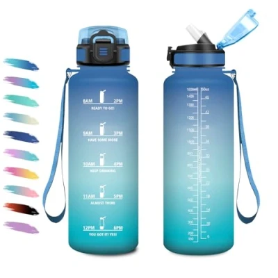 Abbildung von Trinkflasche Sport 1.5L, Auslaufsicher Wasserflasche mit Zeitmarkierung, Flasche Strohhalm, Auslaufsicher, Sportflasche für Laufen, Fitnessstudio, Schule, Bergsteigen, Wandern