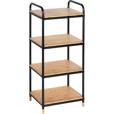 Abbildung von WENKO Regal Mod. Loft mit 4 Etagen, Wohnregal aus Bambus &amp; Metall, zusätzlicher Stauraum z. B. in Küche, Diele oder Wohnzimmer, 42 x 94,5 33,5 cm, Schwarz matt/Natur