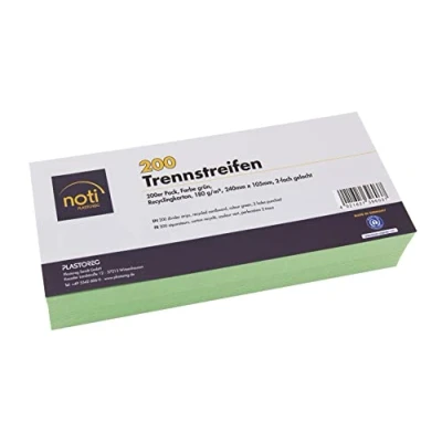 Abbildung von 200 Trennstreifen in grün, 24 x 10,5cm, gelocht, 180g/m² recycelter Karton, zum Sortieren von Dokumenten, bedruckbar