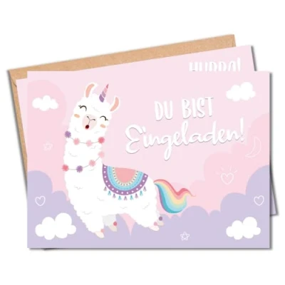 Abbildung von MeinBaby123® 10 Einladungskarten Kindergeburtstag Mädchen und Jungs süße Geburtstagseinladungen für Kinder Alpaka inkl. Briefumschläge Premium Qualität (Alpaka V1)