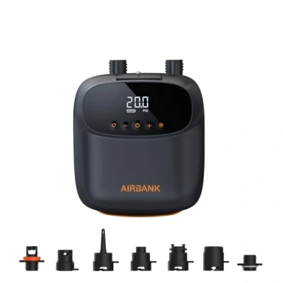 Abbildung von AIRBANK Elektrische Luftpumpe SUP Pumpe mit Akku Der Puffer Pro, Wiederaufladbare Dual Stage Auto Off für Paddleboard, Wing Foil &amp; Kite, Zelt, Matratze (Orange)