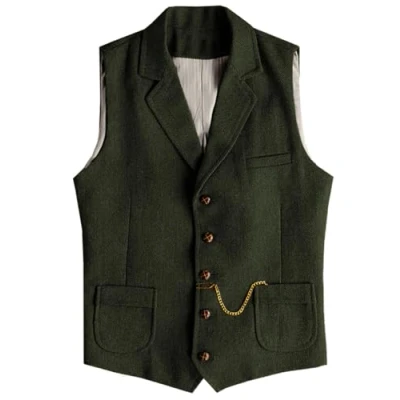 Abbildung von Tuikayoo Herren Western Herringbone Tweed Anzug Weste Wolle Slim Fit (Armeegrün,S)