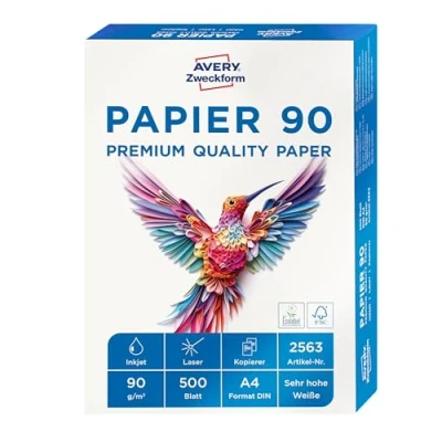Abbildung von AVERY Zweckform 2563 Drucker /Kopierpapier (500 Blatt, 90 g/m², DIN A4 Papier, hochweiß, für alle Drucker) 1 Pack