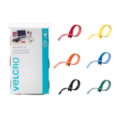 Abbildung von VELCRO Brand One Wrap Kabelbinder, 60 Stück, 8 x 1,27 cm Riemen, mehrfarbig, stark, wiederverwendbar, Kabel Bündelung für Heimbüro und Rechenzentren