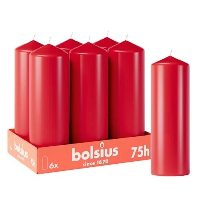 Abbildung von Bolsius Glatte Stumpenkerzen Rot 6 Stück 20 x 7 cm Dekorative Haushaltkerzen Brenndauer 75 Stunden Unparfümierte Enthält Natürliches Pflanzenwachs Ohne Palmöl