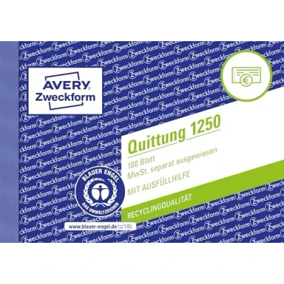 Abbildung von AVERY Zweckform 1250 Quittungsblock (A6 quer, 100 Blatt, fälschungssicher, separat ausgewiesene MwSt., mit 1 Blatt Blaupapier, für Deutschland und Österreich) weiß