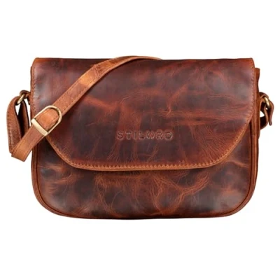Abbildung von STILORD &#039;Esther&#039; Damen Handtasche Umhängetasche Echtleder Vintage Ledertasche zum Ausgehen klassische Abendtasche Partytasche Freizeittasche Leder, Farbe:kara cognac