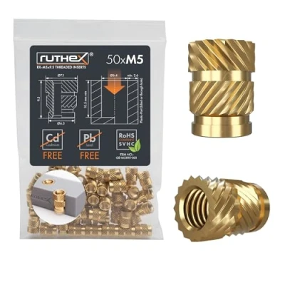 Abbildung von ruthex M5 Gewindeeinsatz 50 Stück RX M5x9.5 Gewindebuchsen aus Messing stabile Einpressmutter für Kunststoffteile durch Wärme oder Ultraschall in 3D Druck Teile Kunststoff einsetzbar