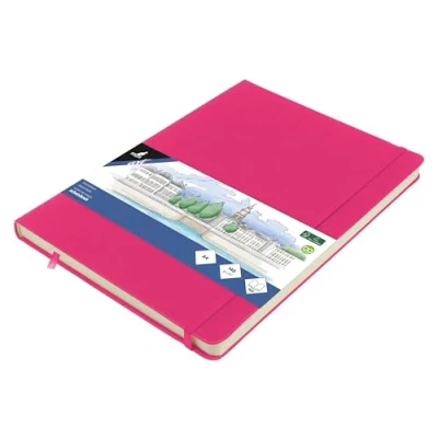Abbildung von Skizzenbuch Kangaro A4 Hot Pink PU Hardcover 80 Blatt 140 Gramm cremefarbenes Papier mit Gummiband und Band