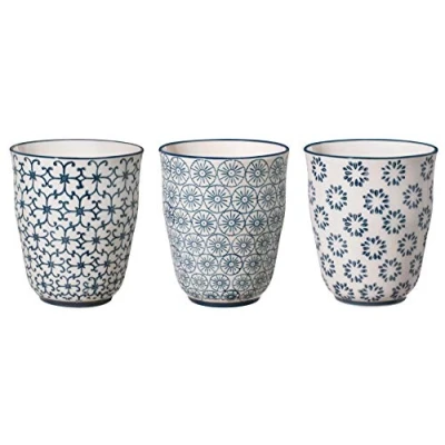 Abbildung von Bloomingville Becher ohne Henkel Kristina Retro Teetasse Kaffeebecher Vintage Latte Macciato Set Ø 8,5 x H 10 cm, blau, Keramik, 3er Set, fasst ca. 300 ml