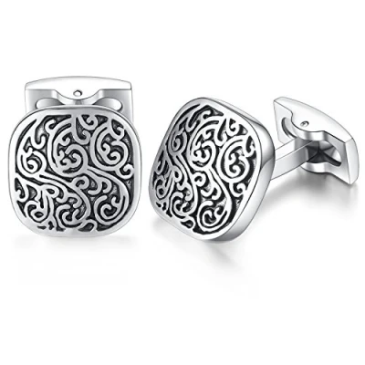 Abbildung von Honey Bear Herren Hochzeit Retro Muster Geschnitzt Manschettenknöpfe Cufflinks Edelstahl Manschettenknopf (Silber mit Schwarz) (Platz)