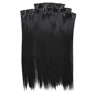 Abbildung von Prettyland 7 teilg SET Statik frei Clip In 50cm glatt lang Haar strähnen Haarteil Haarverlängerung tief Schwarz 01