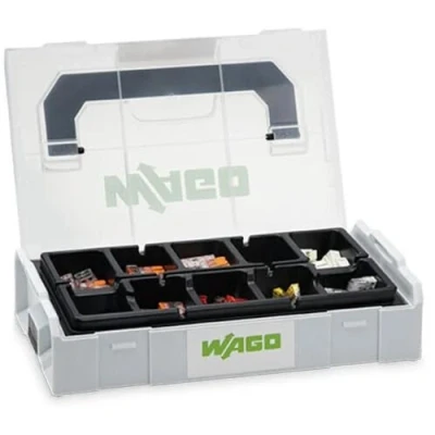 Abbildung von WAGO Verbindungsklemmen Set 887 960 195 teilig, mit verschiedenen Verbindungs und Leuchtenklemmen der Serie 221, 224 2273 für alle Leiterarten, in praktischer L BOXX Mini