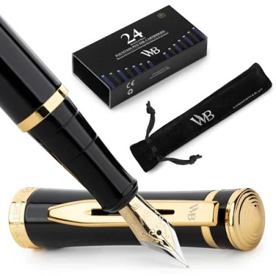 Abbildung von Wordsworth &amp; Black Füllfederhalter set, 18 Karat Vergoldete Extrafeine Feder, Inklusive 24 Tintenpatronen, Tintennachfüllkonverter Und Geschenkbeutel, Gold finish, Kalligraphie, [Schwarzgold]