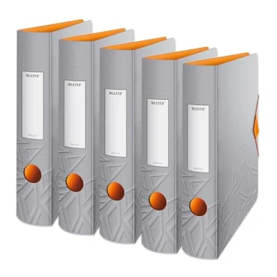 Abbildung von Leitz Qualitäts Ordner 180 Active, 5er Pack, A4, Schmal, Abgerundeter Rücken, 6,5 cm breit, Gummibandverschluss, Leichtes Polyfoam, Plastik Ordner, Urban Chic Serie, Grau, 11170088