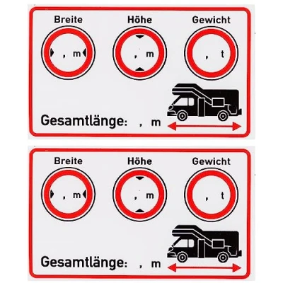 Abbildung von Aufkleber Set für Wohnwagen Cockpit, 2 Stück, 10 x 6 cm, beschreibbare und selbstklebende Folie, Camper Van Hinweis Klebesticker Fahrzeugmaße Länge Breite Höhe Gewicht, Wohnmobil Zubehör Sticker