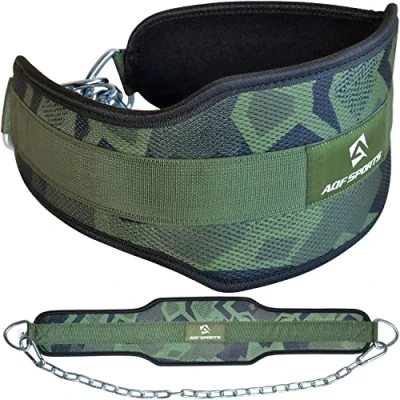Abbildung von AQF Dip Gürtel Mit Stahlkette, Neopren Fitness Gewichthebergürtel, Gewichtsgürtel, Bodybuilding Belt, Dipgürtel Kraftraining Dips Herren Damen (Grünes Camo)