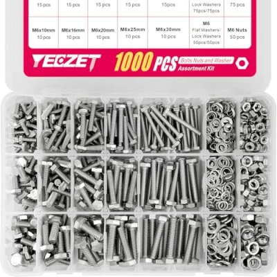 Abbildung von YEEZET 1000pcs M4 M5 M6 Schrauben und Muttern Unterlegscheiben Sortiment Kit, 304 Edelstahl metrische Sechskantschrauben Sortiment, 15 Gebräuchlichste Größen, 10 40mm