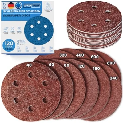 Abbildung von EffektWerk Schleifscheiben (120er Pack, 6 Löcher), 150 mm Schleifpapier mit mehreren Körnungen (40, 60, 80, 120, 180, 240, 320, 400, 600, 800)