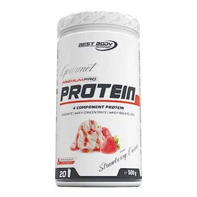 Abbildung von Best Body Nutrition Gourmet Premium Pro Protein, Strawberry Cream Dose, 4 Komponenten Protein Shake: Caseinat, Whey Konzentrat, Isolat, Eiprotein, 500 g Dose
