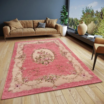 Abbildung von Hanse Home Asmaa Design Teppich Orientalisch Flachgewebe Vintage Blumen Muster, Anti Rutsch Unterseite, hochwertig gewebt für Wohnzimmer, Schlafzimmer, Esszimmer, Flur Pink Beige, 120x180cm