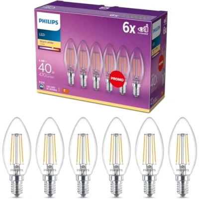 Abbildung von Philips LED Classic E14 Lampen 6 er Pack (40 W), mit warmweißem Licht, energiesparende Beleuchtung langer Nutzlebensdauer, Warmweiß