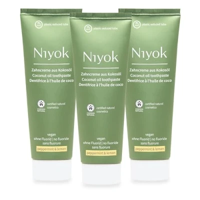 Abbildung von Niyok® Zahncreme aus Bio Kokosöl &quot;Pfefferminze &amp; Zitrone&quot; (3 x 75ml) Natürliche Zahnpasta für weiße Zähne Intensive Pflege Frische Schützt das Zahnfleisch Ohne Fluorid Vegan