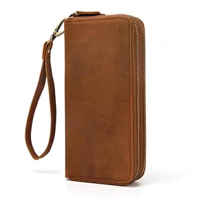 Abbildung von LUUFAN Echtes Leder Doppelreißverschluss Lange Brieftasche Große Kapazität Clutch Wallets mit Handschlaufe (Braun 2)