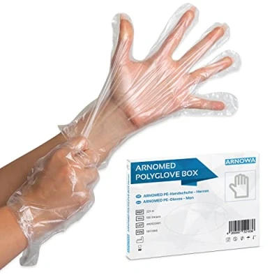 Abbildung von 100 ARNOMED PE Einmalhandschuhe Einweg Herren, Handschuhe in der Box, Haushaltshandschuhe für Lebensmittel transparent, Schutzhandschuhe zum Haare färben, dünne Handschuhe, Dieselhandschuhe