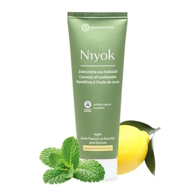 Abbildung von Niyok® Zahncreme aus Bio Kokosöl &quot;Pfefferminze &amp; Zitrone&quot; (75ml) Natürliche Zahnpasta für weiße Zähne Intensive Pflege Frische Schützt das Zahnfleisch Ohne Fluorid Vegan