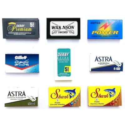 Abbildung von 50 Rasierklingen für Rasierhobel, Astra Derby Shark Permasharp, Set, 9 verschiedene Klingentypen