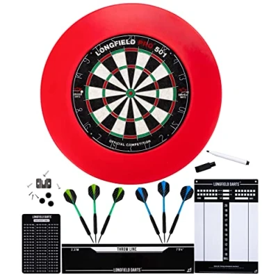 Abbildung von Engelhart Dartscheiben Set: Sisal Dartscheibe, Surround Ring, 6 Pfeile (Rot + Anzeigetafel Kasse Wurflinie)