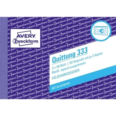 Abbildung von AVERY Zweckform 333 Quittungsblock (A6 quer, 3x50 Blatt, mit Durchschlag, fälschungssicher, separat ausgewiesene MwSt., für Deutschland und Österreich) weiß