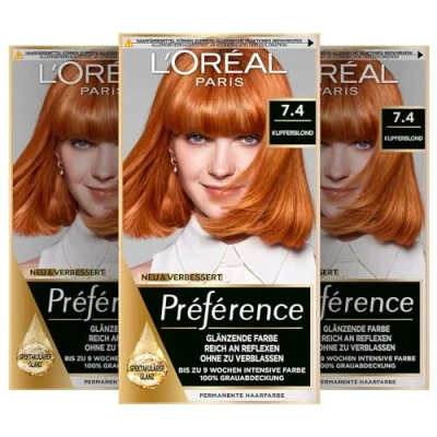 Abbildung von L&#039;Oréal Paris Permanente Haarfarbe, Haarfärbeset mit Coloration und Farbglanz Pflegebalsam, Préférence, 7.4 Kupferblond, 3er Set