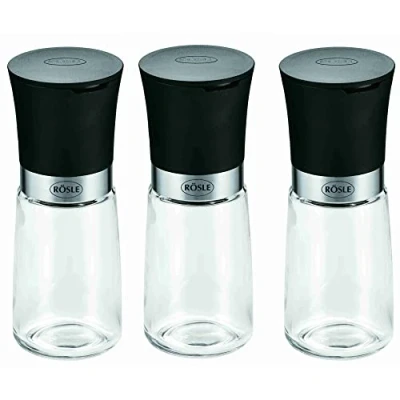 Abbildung von RÖSLE Gewürzmühlen Set 3 tlg, Hochwertige Salz und Pfeffermühlen mit Keramikmahlwerk für alle Arten von Gewürzen, Glasbehälter, 14 cm, Transparent / Schwarz