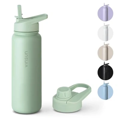 Abbildung von VINSUN Trinkflasche Edelstahl beige 750ml auslaufsicher, Kohlensäure geeignet, BPA frei Strohhalm, Trinköffnung Thermosflasche Sport, Outdoor, Schule, Uni, Fahrrad, Büro, Camping
